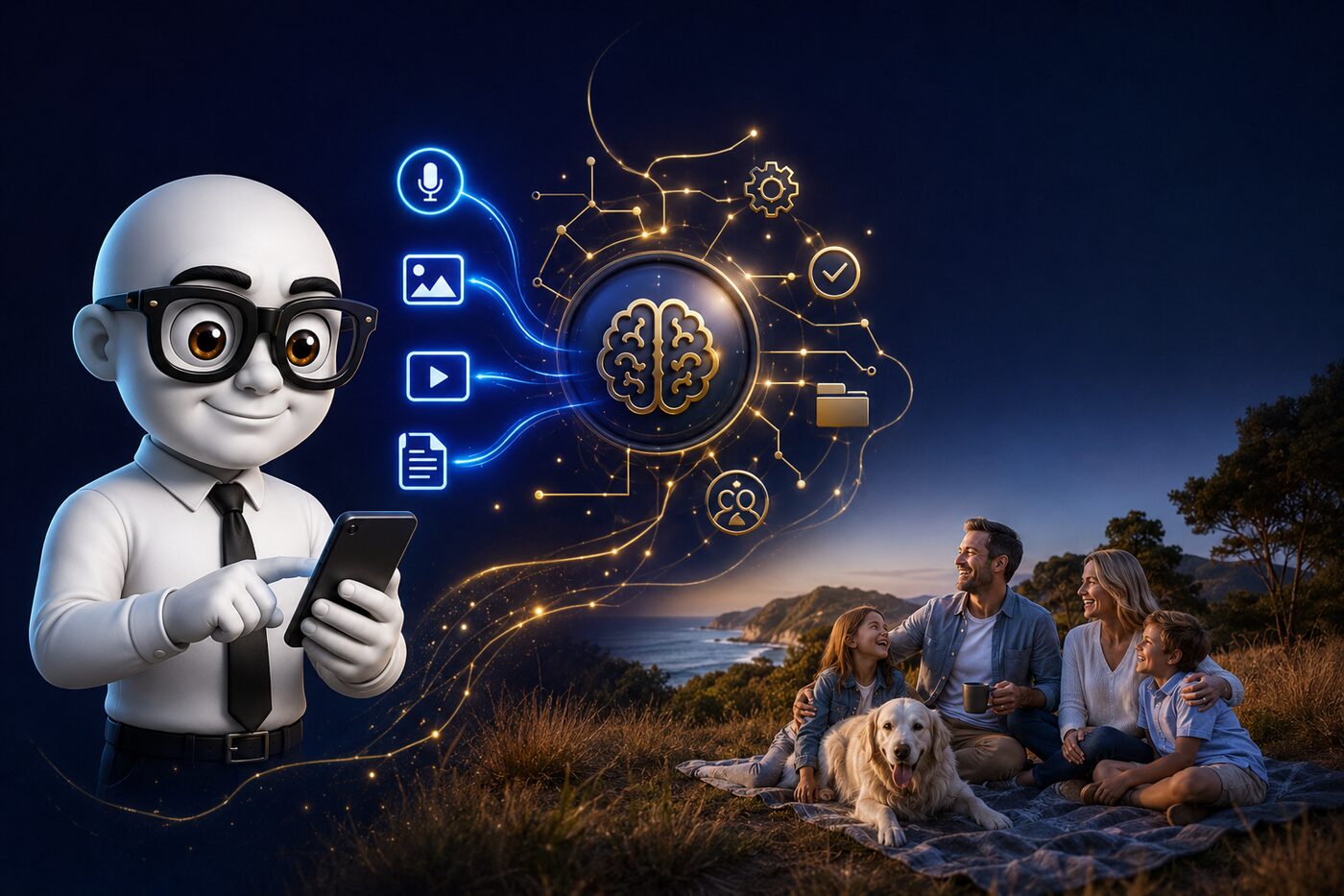 Your BrainO on a phone, sending a message, photo, video and document out to the connected family network — while a family relaxes together.